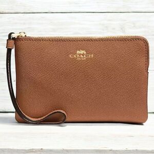 🪷 NWOT Coach Crossgrain Saddle Brown Corner Zip Wristlet & Dustbag